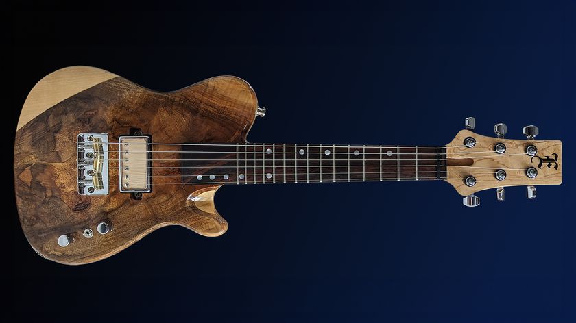 A photo of the Ellis Guitars Soprano TX, a short-scale guitar tuned an octave above a standard guitar, allowing you to create mandolin-like tones from a familiar six-string instrument