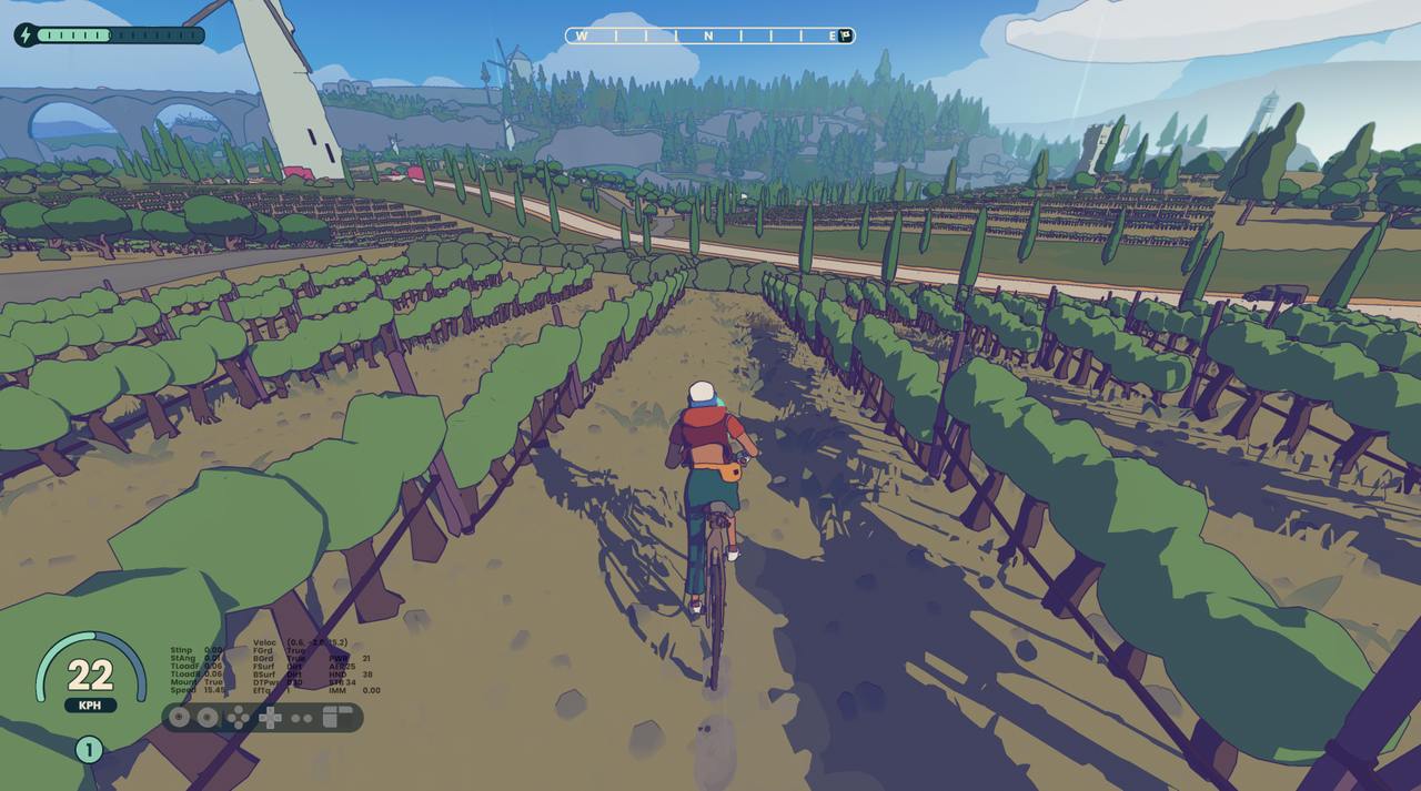 Wheel World indie developer interview; images from a video game of a cyclist riding through a stylised video game world