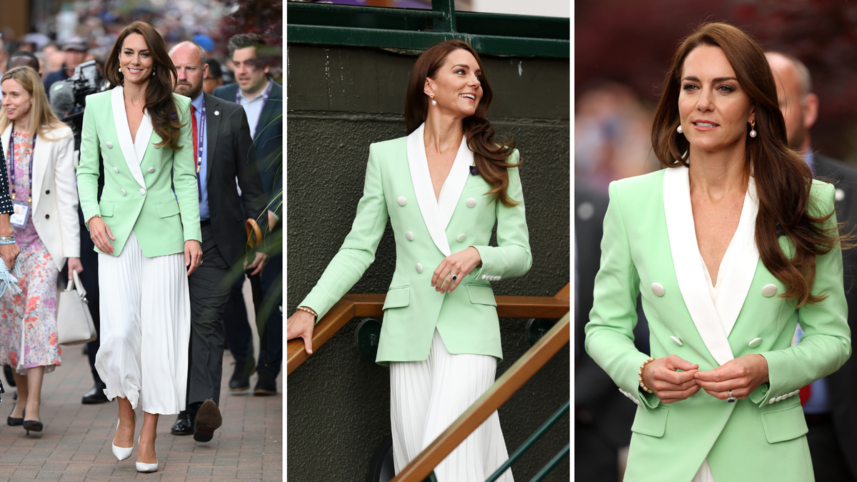 Kate Middleton's white skirt with matching heels and mint green blazer at Wimbledon is an outfit formula to copy for instant elegance