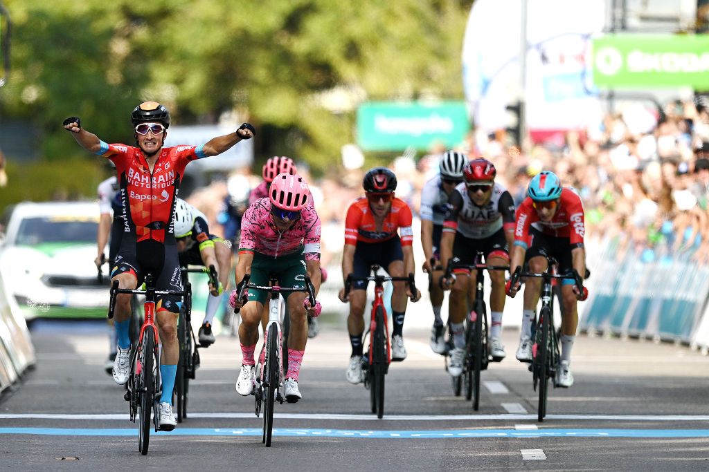 STUTTGART GERMANY AUGUST 28 Pello Bilbao Lpez of Spain and Team Bahrain Victorious celebrates at finish line as stage winner ahead of Ruben Guerreiro of Portugal and Team EF Education Easypost during the 37th Deutschland Tour 2022 Stage 4 a 1866km stage from Schiltach to Stuttgart DeineTour on August 28 2022 in Stuttgart Germany Photo by Stuart FranklinGetty Images