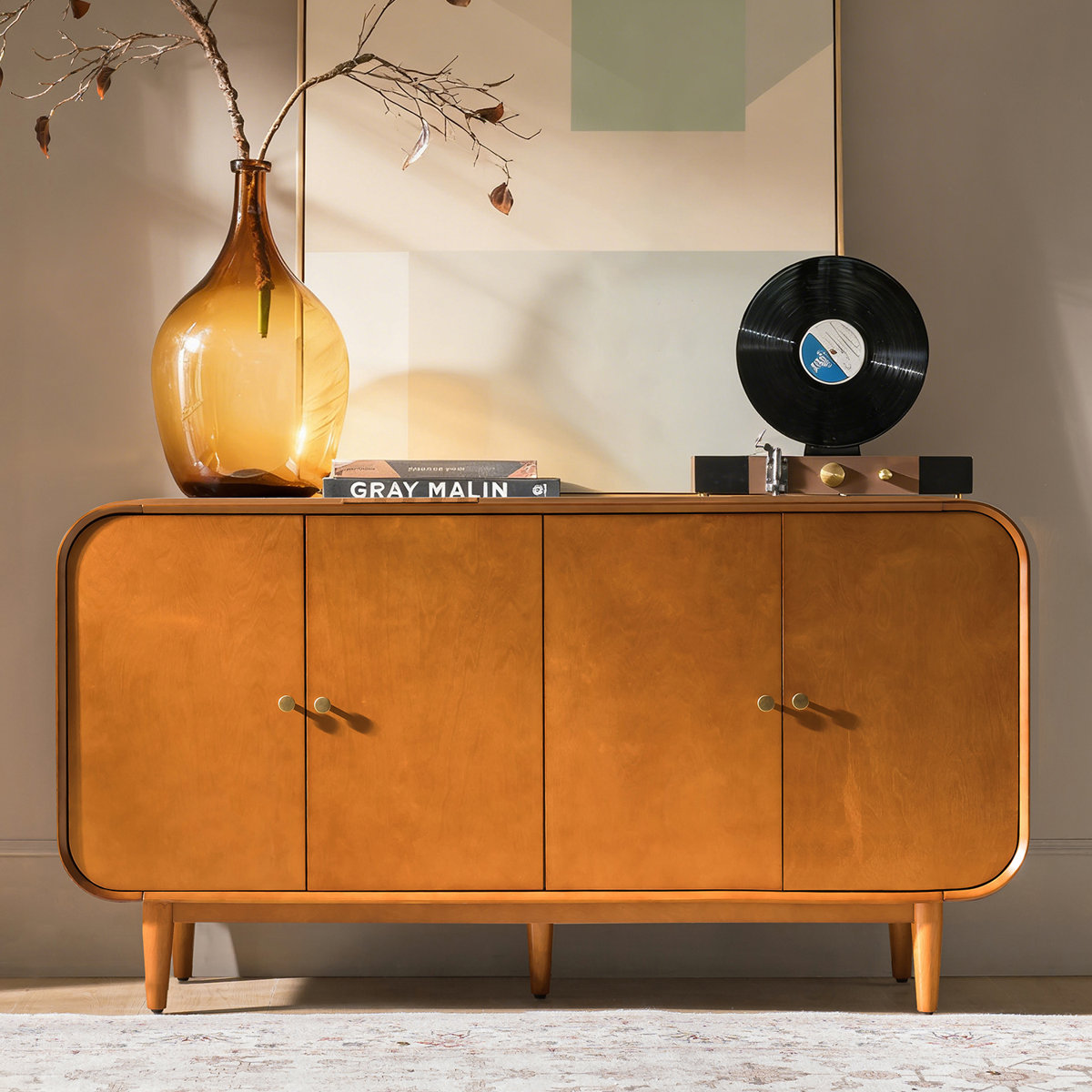 Ebern Designs Alee 58'' Wide Mid-Century Modern Curved Design 4-Door Sideboard With Adjustable Shelves and Cable Management &amp;amp; Reviews | Wayfair