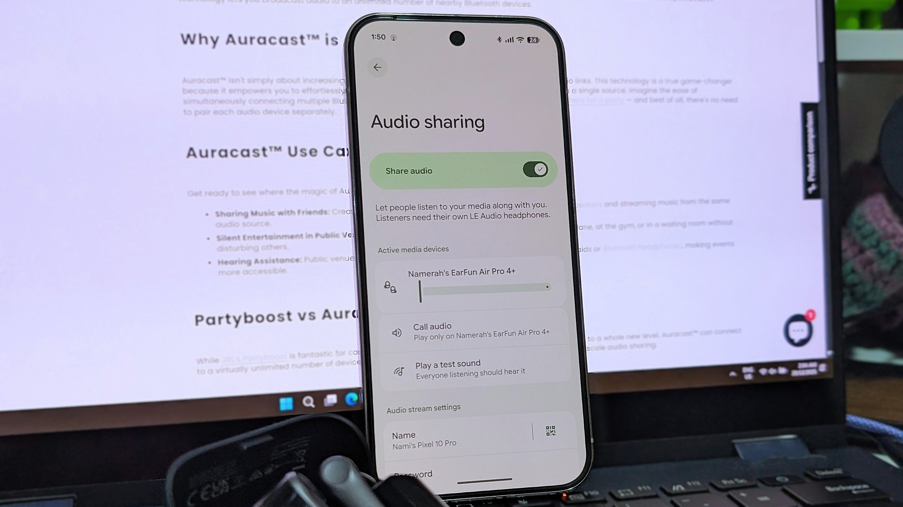 Audio sharing via Bluetooth Auracast on a Pixel 10 Pro