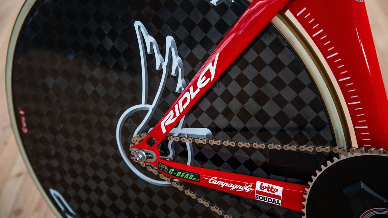 The Hour Record attempt sponsors decorate the rear stays