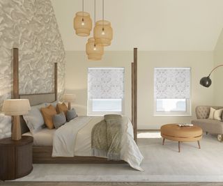 large bedroom with pale yellow and cream colour scheme, 3 hanging wicker pendant lights