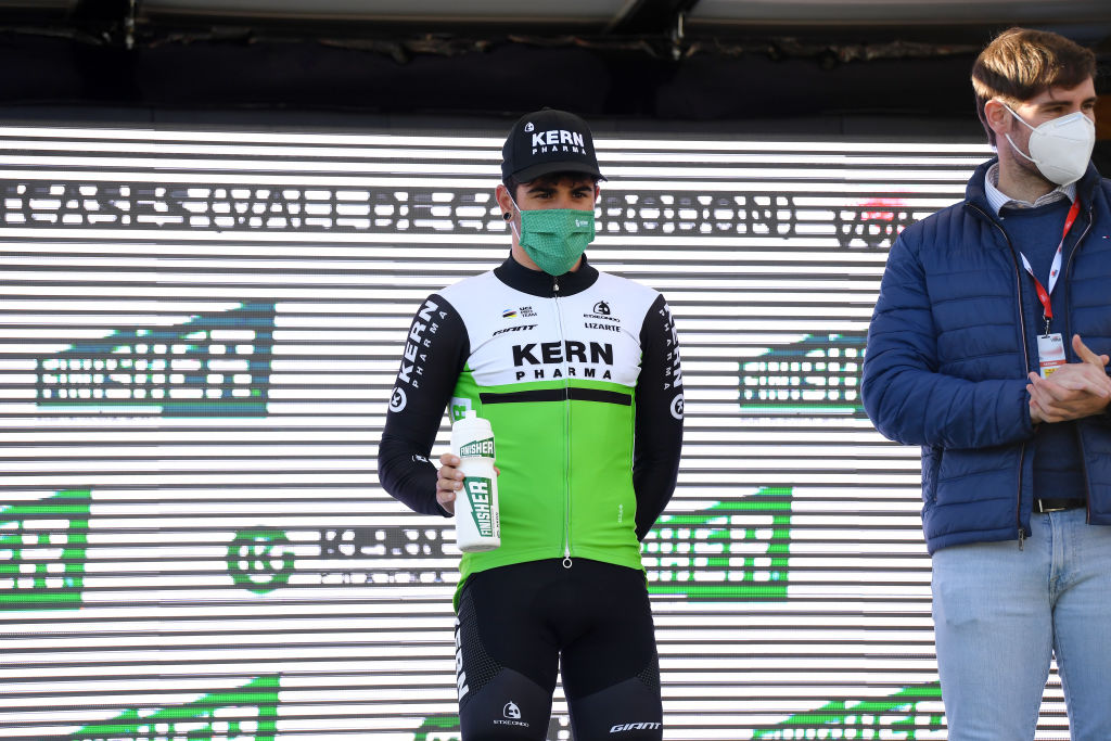 VALLTER 2000 SETCASES VALL CAMPRODON SPAIN MARCH 24 Podium Kiko Galvn Fernndez of Spain and Team Equipo Kern Pharma Most Combative Rider Celebration during the 100th Volta Ciclista a Catalunya 2021 Stage 3 a 2031km stage from Canal Olmpic de Catalunya to Vallter 2000 Setcases Vall Camprodon 2125m Mask Covid safety measures VoltaCatalunya100 on March 24 2021 in Vallter 2000 Setcases Vall Camprodon Spain Photo by David RamosGetty Images