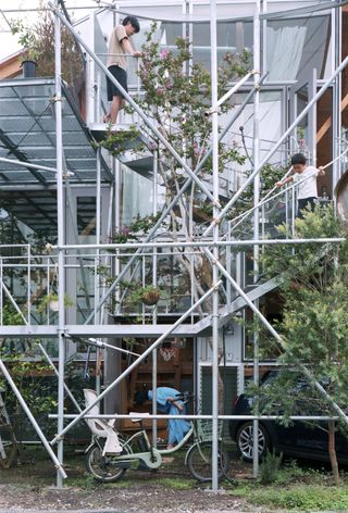 Daita20219's facade blends scaffolding-style structures, glass and planting
