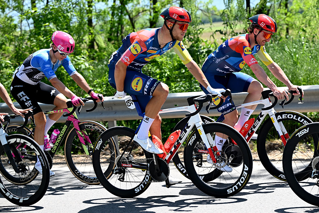 SOFIA, BULGARIA - MAY 10: (L-R) Jonathan Milan of Italy and Simone Consonni of Italy and Team Lidl - Trek compete during the 109th Giro d&amp;amp;apos;Italia 2026, Stage 3 a 175km stage from Plovdiv to Sofia / #UCIWT / on May 10, 2026 in Sofia, Bulgaria. (Photo by Dario Belingheri/Getty Images)