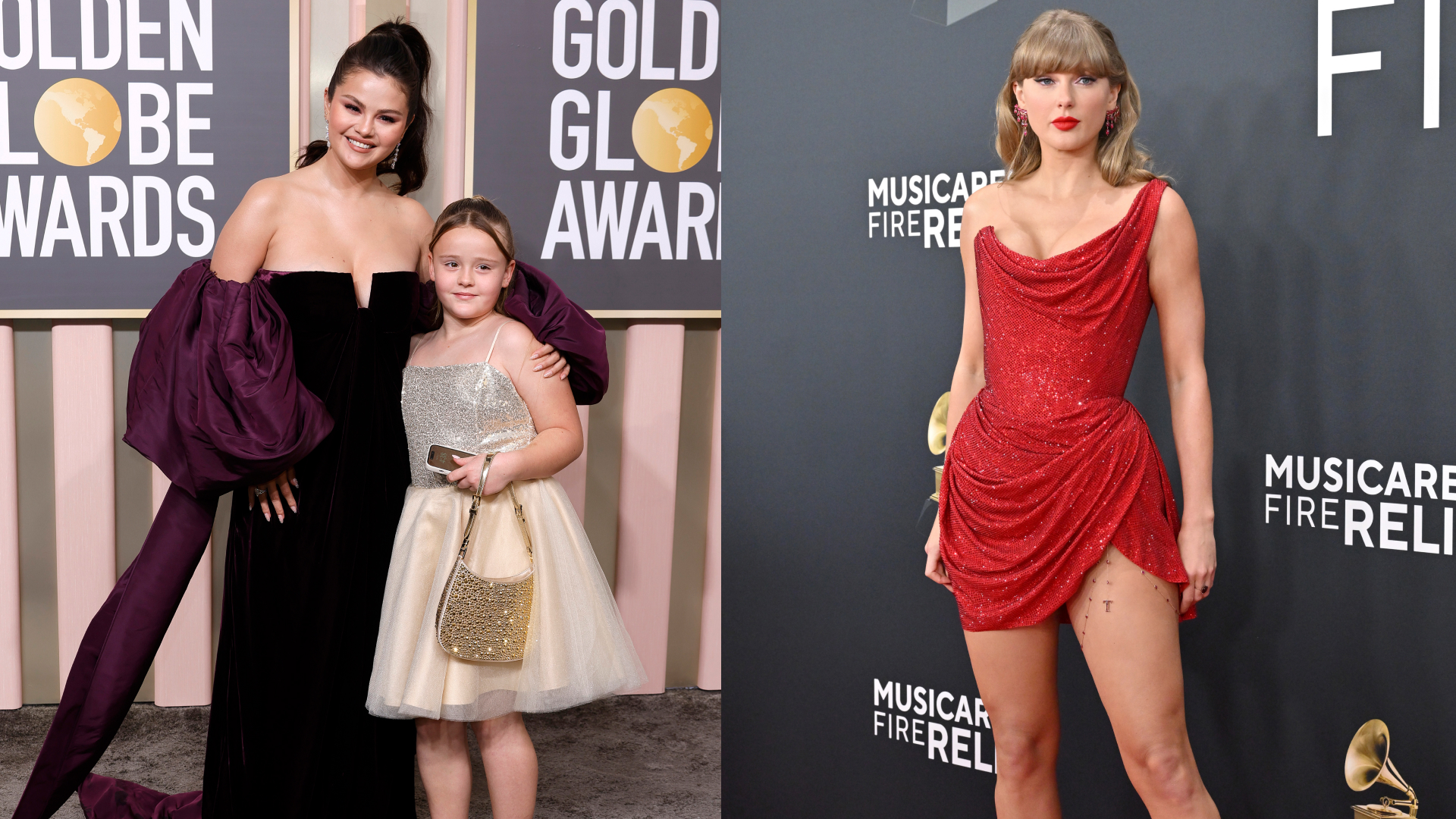 Selena Gomez in a dark purple gown with large sleeves and Gracie Elliot Teefey in a sparkly dress at the 2023 Golden Globe Awards; Taylor Swift in a short red dress at the 2025 Grammys