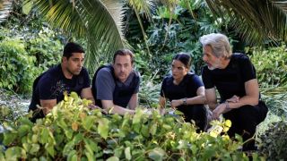 Wilmer Valderrama (played by Nick Torres), Timothy McGee (Sean Murray), Jessica Knight (Katrina Law) and Alden Parker (Gary Cole) on a mission in "NCIS" season 23
