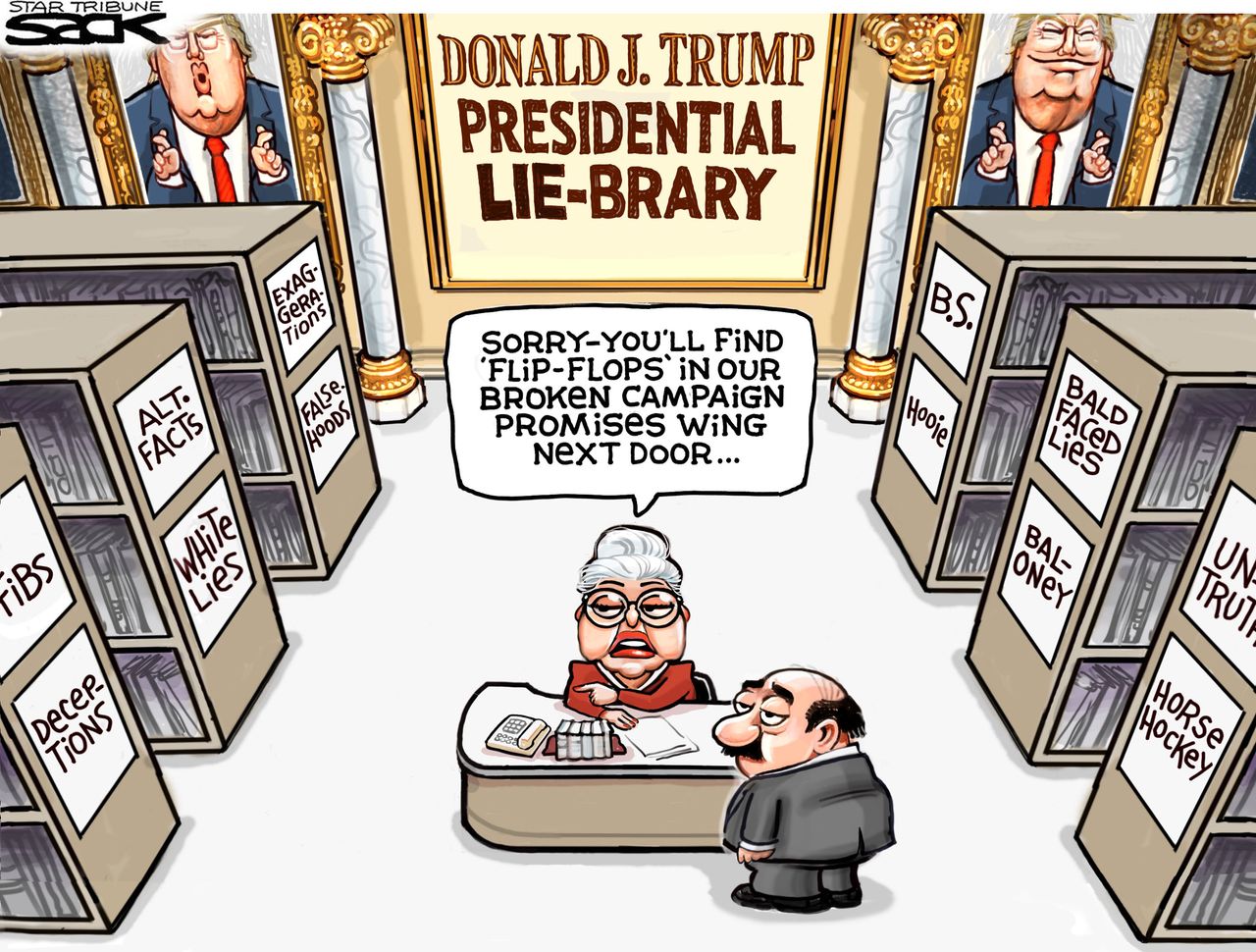 Political Cartoon U.S. Trump Liar Presidential Library Campaign Promises