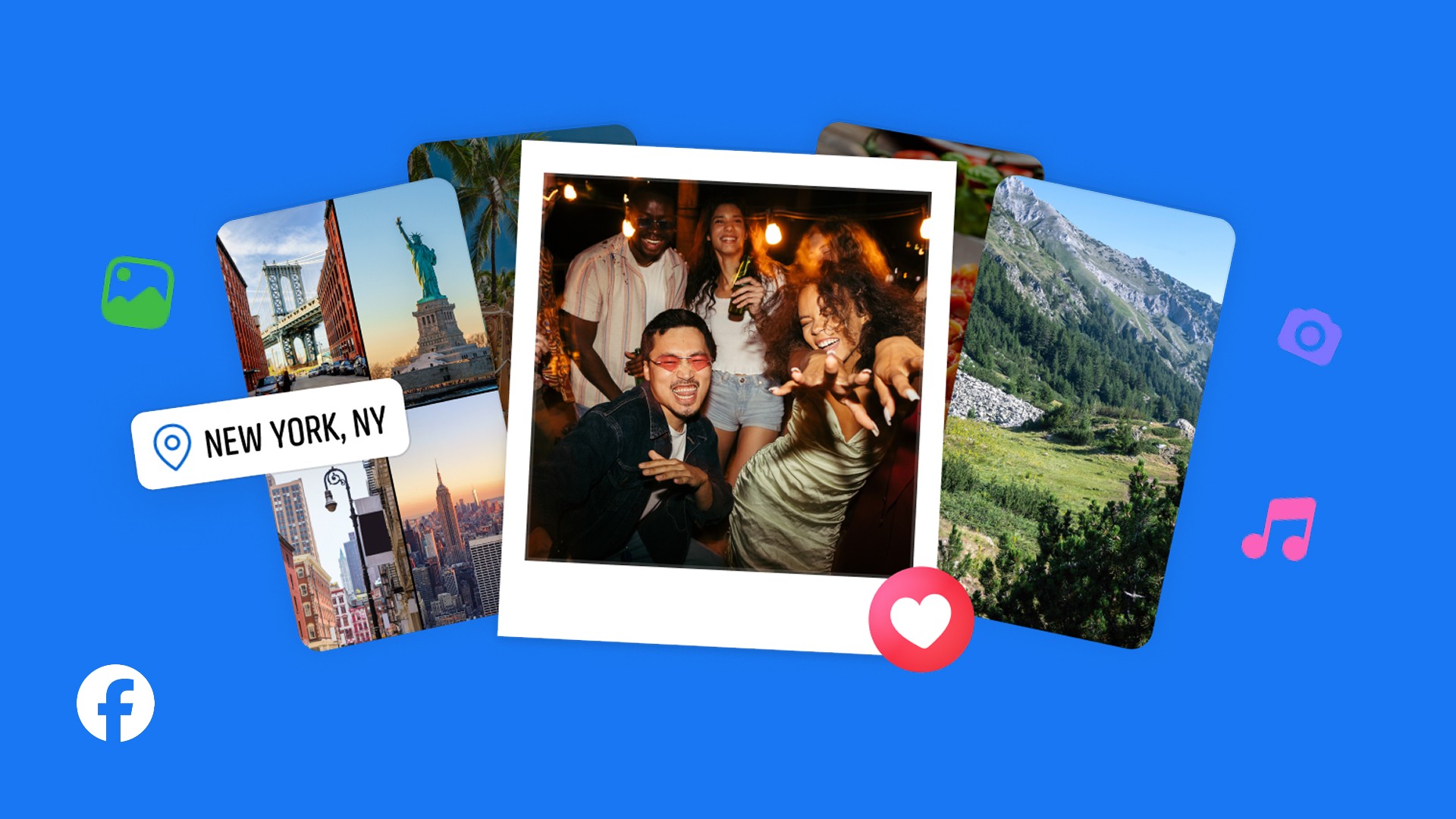 A composite image on a blue background shows a stack of photographs, including a central instant photo of four smiling adults at a party, flanked by a photo collage of New York City landmarks like the Statue of Liberty and the Manhattan Bridge, and a photo of a mountain landscape, along with Facebook and other social media icons.