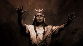 Diablo 5 concept character art showing a woman with her arms raised in the air and a crown-like ornament atop her head 