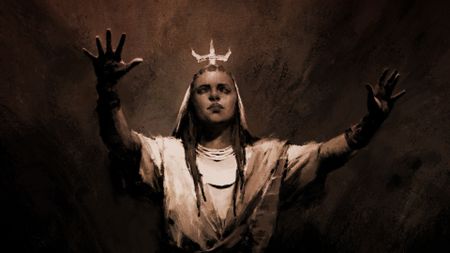 Diablo 5 concept character art showing a woman with her arms raised in the air and a crown-like ornament atop her head 