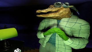 Alligator man with tented fingers wearing blazer and monocle near green lamp.