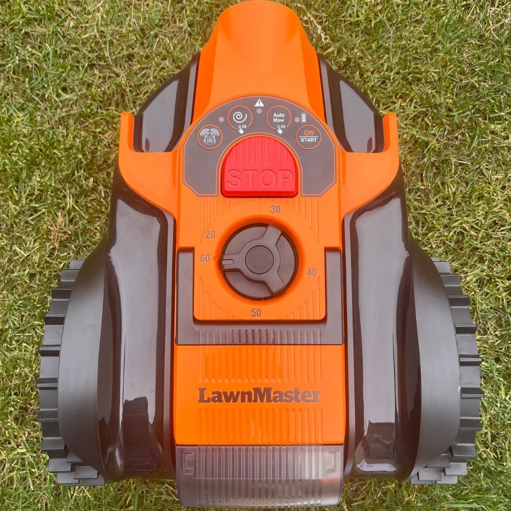 LawnMaster OcuMow 16 Vision Robot Lawnmower control deck with stop, auto mow and spot cut buttons