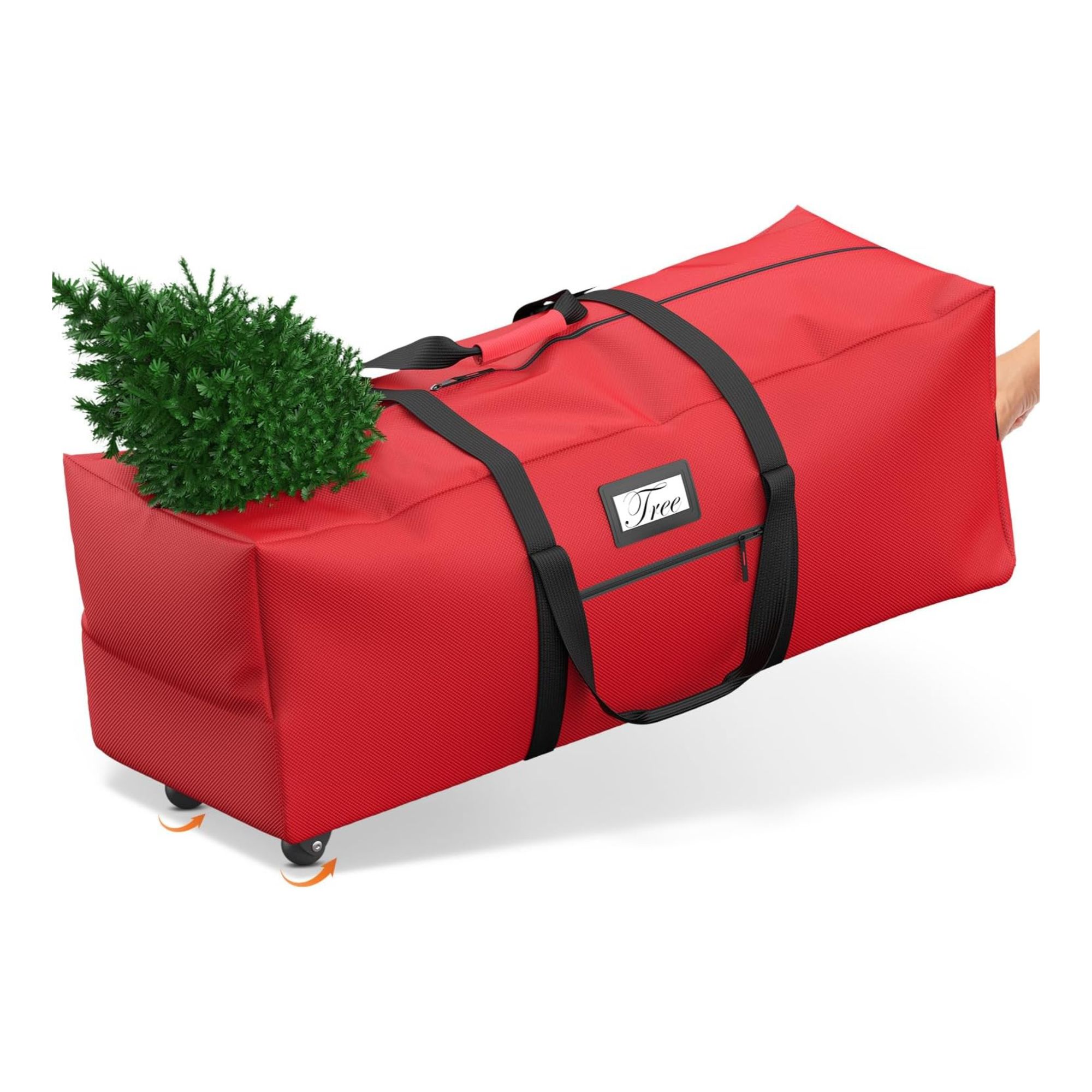 A large red Christmas tree storage bag on wheels