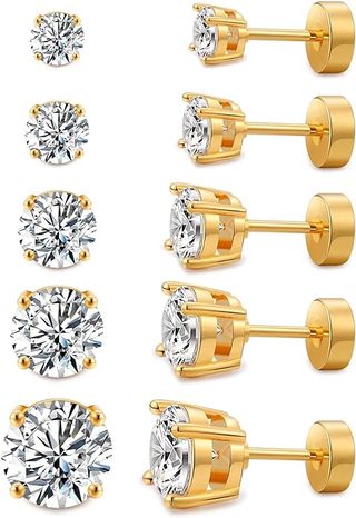 Kainier Women's 5 Pairs 14k Gold Plated Cz Stud Earrings Flat Back Earrings Simulated Diamond Round Surgical Steel Cubic Zirconia Hypoallergenic Flat Back Ear Stud Set（5 Pairs)