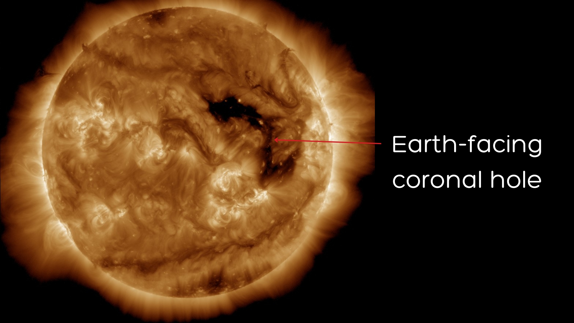 view of the sun with a large dark path labelled with large white letters saying "Earth-facing coronal hole"