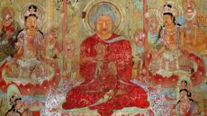 Buddha describing the Doctrine under a tree. Painting on Silk