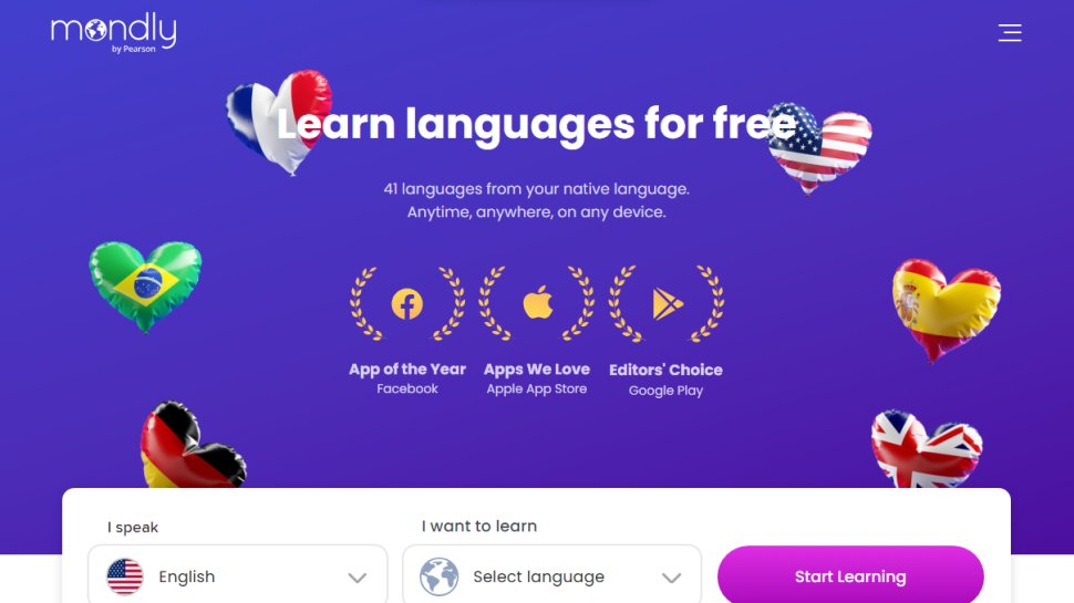 Website screenshot of Mondly (November, 2025)