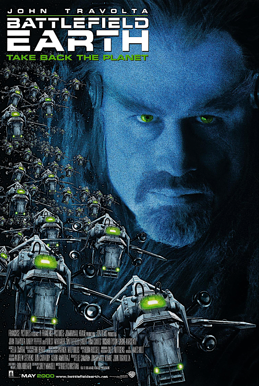 A movie poster of a green-eyed alien and a swarm of spaceships