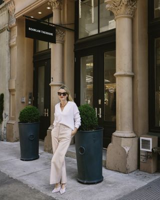Robertson outside of the Scanlan Theodore boutique in her elevated basics workwear uniform.