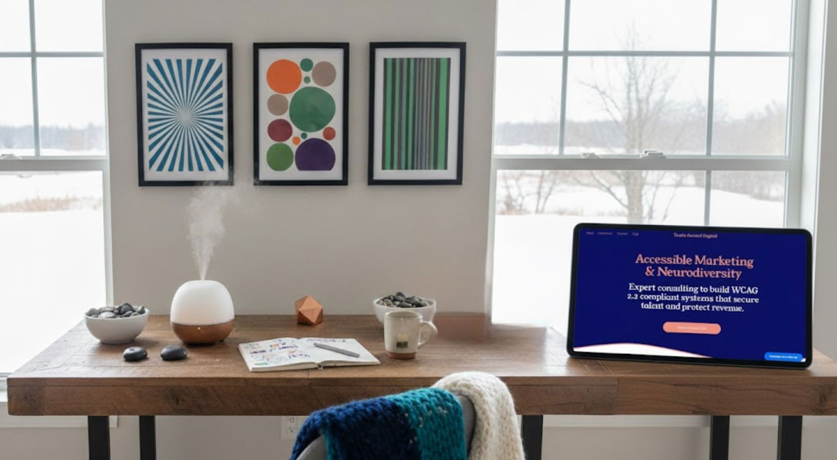 diffuser and organiser on desk with screen that talks about accessibility