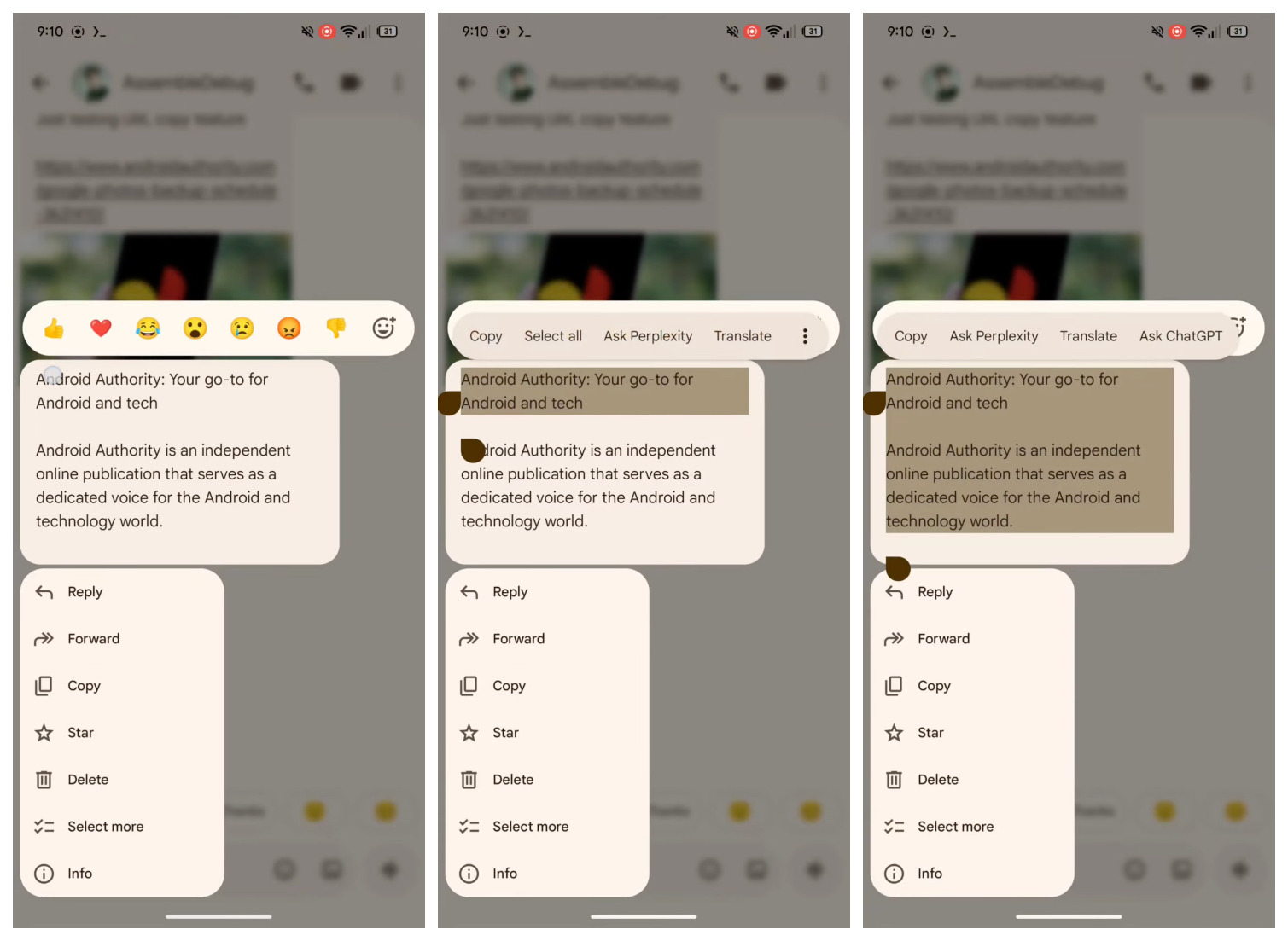 Ability to copy a part of text in Google Messages