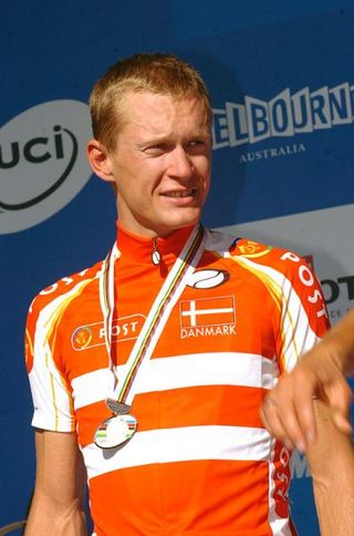 Matti Breschel (Denmark) on the podium with his silver medal.