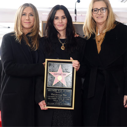 Jennifer Aniston, Courteney Cox, and Lisa Kudrow at the star ceremony where Courteney Cox is honored with a star on the Hollywood Walk of Fame on February 27, 2023 in Los Angeles, California.