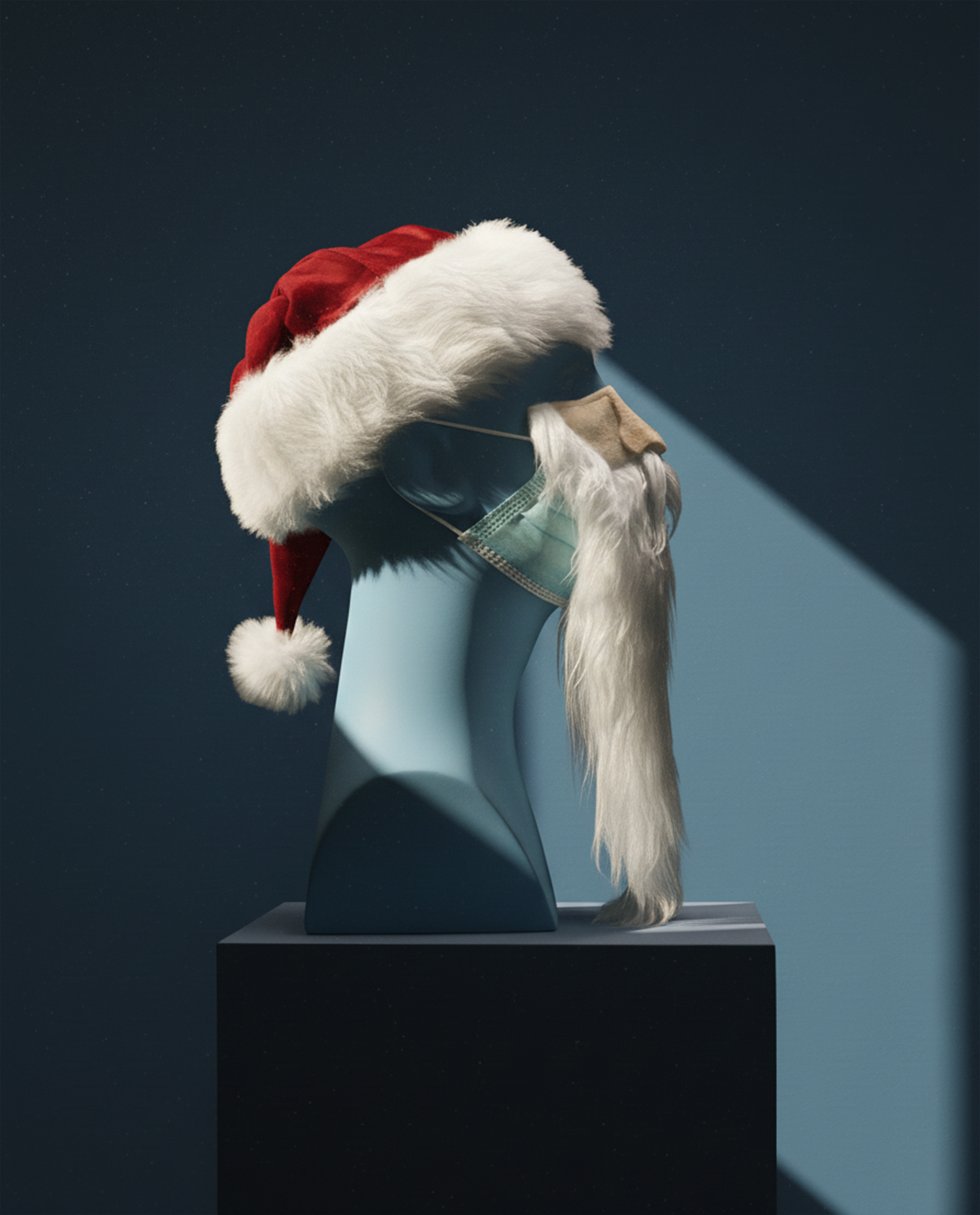 The effects of Vividon relighting plug-in on a mannequin wearing a Santa hat and beard