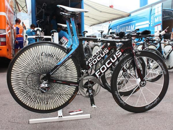 Milram's time trial bike is designed by Andy Walser, who has long provided top pros with custom aero machines.