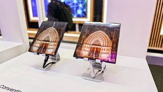 Samsung demoing a crease less panel next to Galaxy Z Fold 6 at MWC 2025