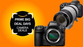 A Canon camera with lens and a Nikon camera body on an orange background with a Prime Big Deal Days badge