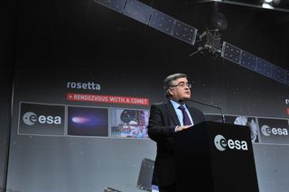 Alvaro Gimenez, ESA Director of Science and Robotic Exploration, speaks at the Rosetta comet spacecraft's wake-up event at ESA's Space Operations Center in Darmstadt, Germany on Jan. 20, 2014.