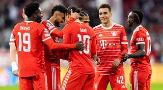 Bayern Munich players celebrate their team's first goal during the UEFA Champions match between Bayern Munich and Viktoria Plzen on 4 October, 2022 at the Allianz Arena, Munich, Germany