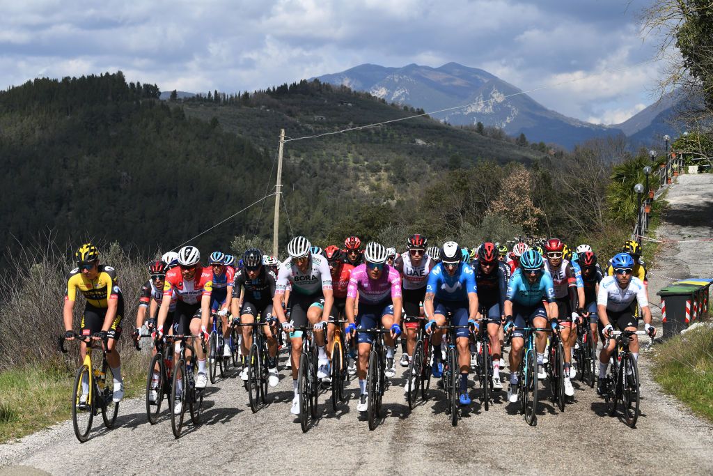 PRATI DI TIVO ITALY MARCH 13 Edoardo Affini of Italy and Team Jumbo Visma Kasper Asgreen of Denmark and Team Deceuninck QuickStep Maciej Bodnar of Poland and Team Bora Hansgrohe Davide Ballerini of Italy and Team Deceuninck QuickStep Purple Sprint Jersey Ivan Garcia Cortina of Spain and Movistar Team Manuele Boaro of Italy and Team Astana Premier Tech Simone Velasco of Italy and Team Gazprom Rusvelo The Peloton during the 56th TirrenoAdriatico 2021 Stage 4 a 148km stage from Terni to Prati di Tivo 1450m Landscape Mountains TirrenoAdriatico on March 13 2021 in Prati di Tivo Italy Photo by Tim de WaeleGetty Images