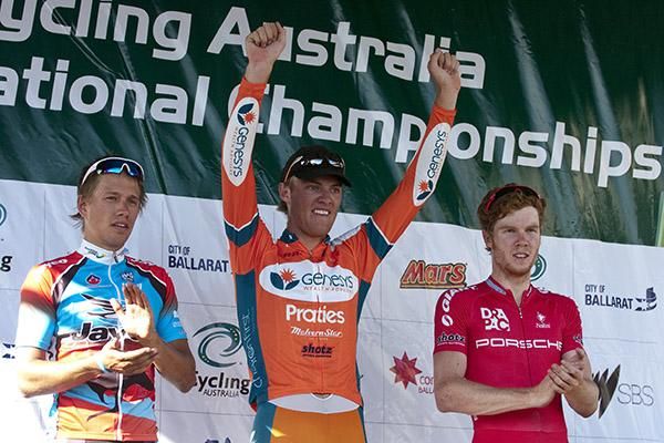 Mens' Under 23 podium (l-r): Richard Lang (2nd,Jayco/AIS), Ben Grenda (1st,Genesys Wealth Advisers), and Thomas Palmer (3rd,Drapac Porsche).