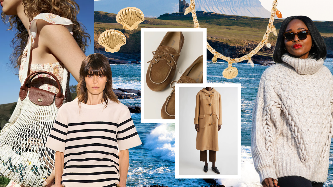 collage of net bag, Breton shirt, duffle coat, boat shoes, shell jewelry, and a cable knit sweater