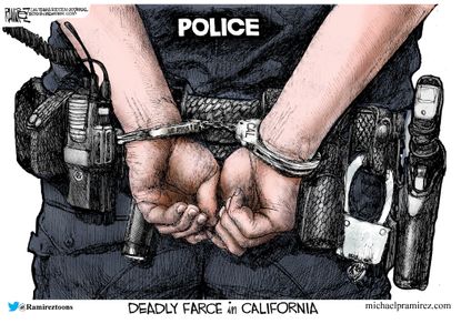Political Cartoon U.S. Police Under Arrest In California Held Accountable for Use of Force Militarism
