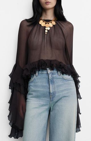 Ruffle Long Sleeve Chiffon Top