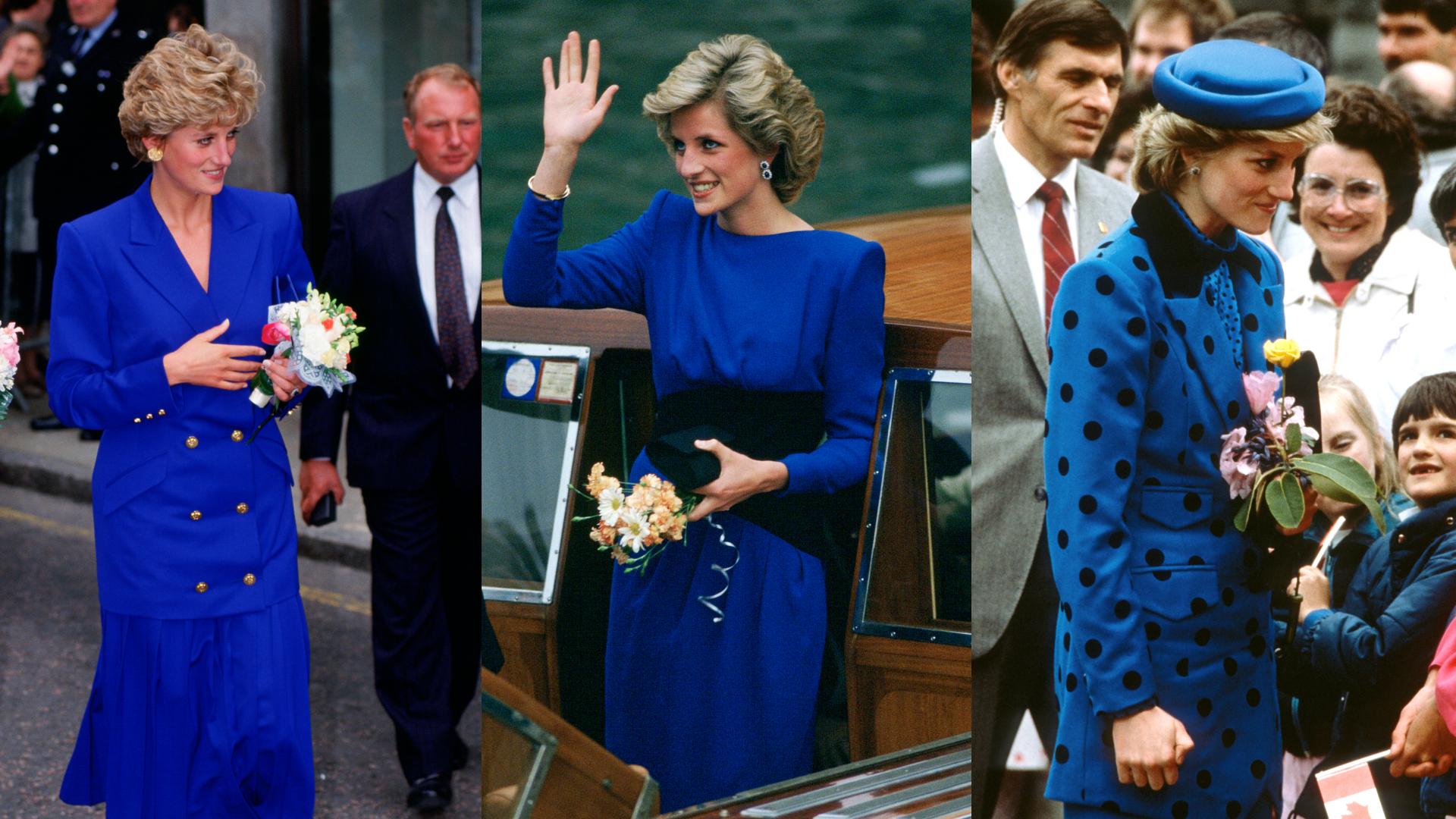 Princess Diana wearing three different blue dresses