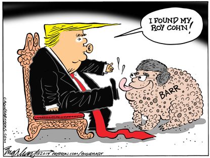 Political Cartoon U.S. Trump attorney general William Barr Roy Cohn lawyer