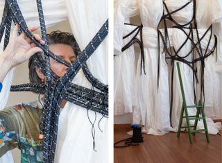 ‘Hella Jongerius: Woven Cosmos’ at Berlin’s Gropius Bau is a panoramic overview of the Dutch designer’s textile and weaving experimental work. Left, Jongerius working on a piece from the exhibition. Right: Cosmos, from the Woven Systems series, at Jongeri