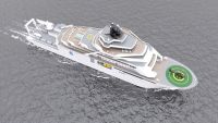 Aerial view of a luxurious white yacht sailing in calm waters. It features a helipad with a helicopter. The overall tone is sophisticated and serene.