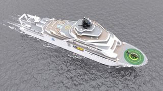 Aerial view of a luxurious white yacht sailing in calm waters. It features a helipad with a helicopter. The overall tone is sophisticated and serene.