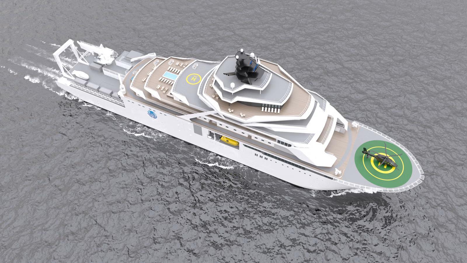 Aerial view of a luxurious white yacht sailing in calm waters. It features a helipad with a helicopter. The overall tone is sophisticated and serene.