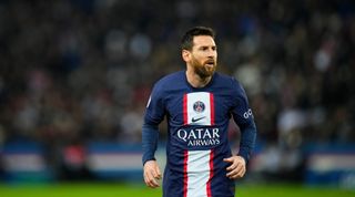 Lionel Messi of PSG jogs during the Ligue 1 match between PSG and Toulouse at the Parc des Princes in Paris, France on 4 February, 2023.