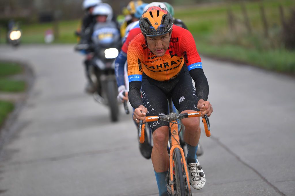 Bahrain McLaren&rsquo;s Heinrich Haussler forces the pace at the 2020 Omloop Het Nieuwsblad