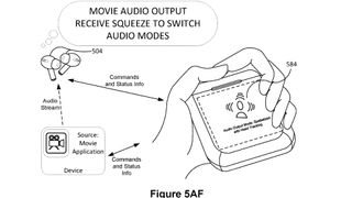 An Apple patent showing a set of AirPods, a case with a screen and a hand squeezing the AirPods